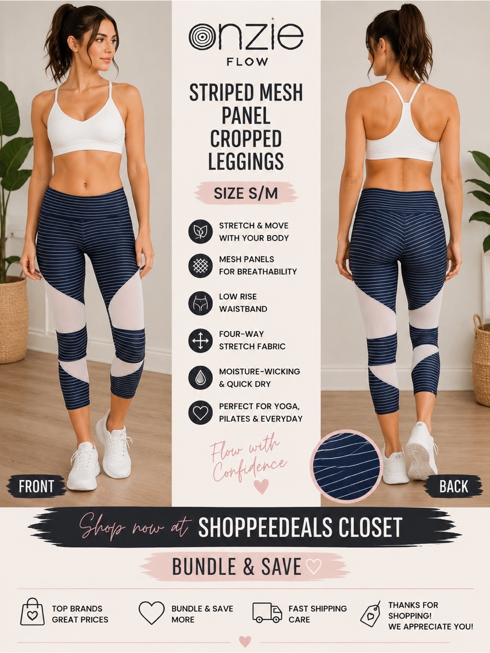 Onzie Flow Striped Mesh Panel Cropped Leggings – Women’s S/M